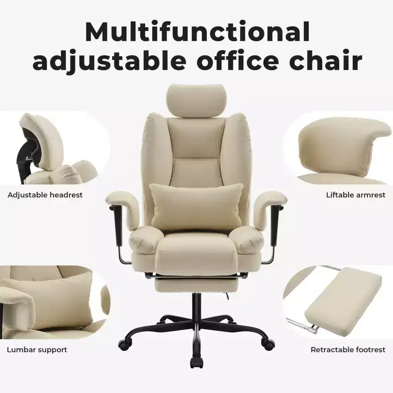 Chaise de bureau en cuir PU pour ordinateur avec soutien lombaire et dossier haut, chaise de bureau ergonomique à appui-tête relevable
