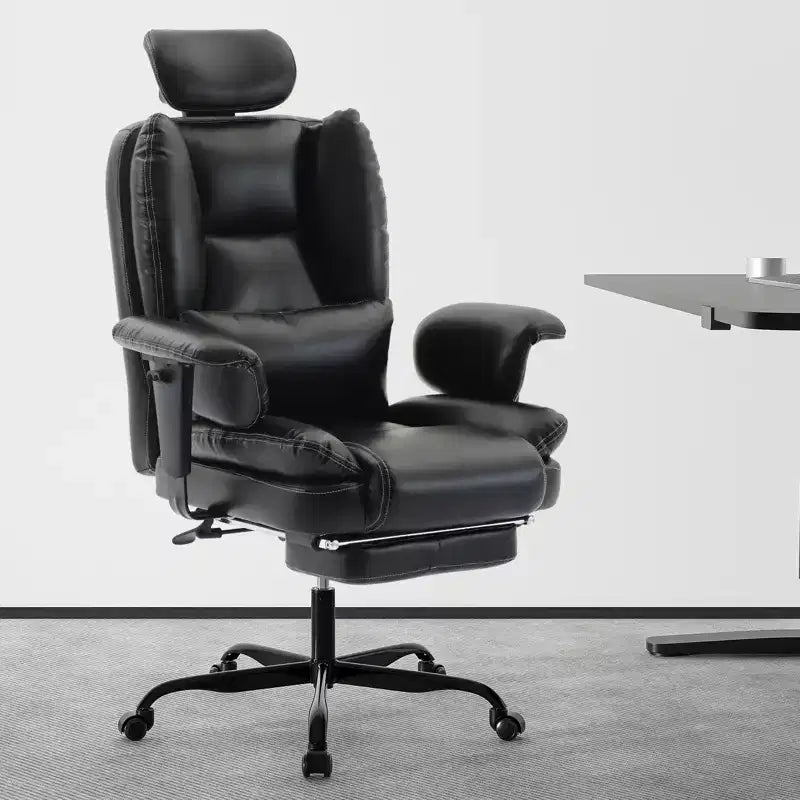 Chaise de bureau en cuir PU pour ordinateur avec soutien lombaire et dossier haut, chaise de bureau ergonomique à appui-tête relevable