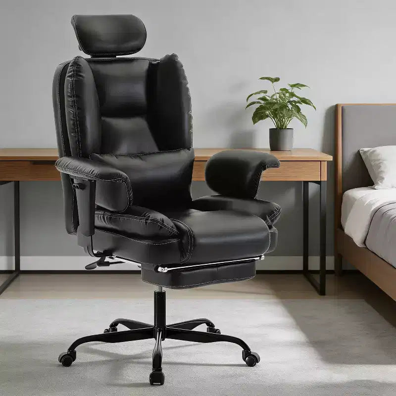 Chaise de bureau en cuir PU pour ordinateur avec soutien lombaire et dossier haut, chaise de bureau ergonomique à appui-tête relevable