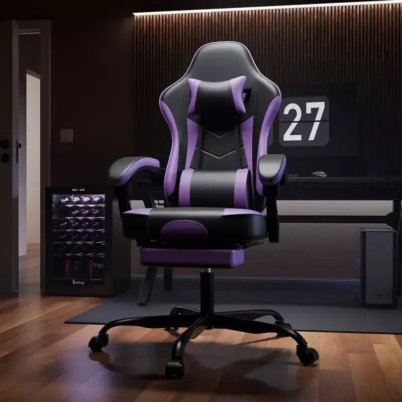 Chaise de jeu, chaise d'ordinateur ergonomique avec repose-pieds et support lombaire massant, chaise de jeu vidéo pivotante et réglable en hauteur