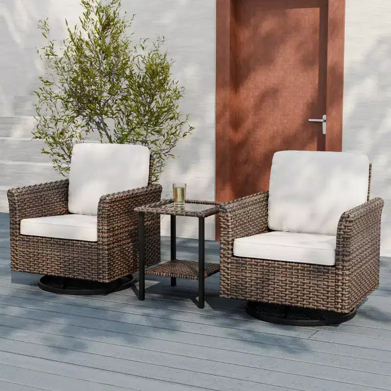 EAGLE PEAK Ocean Vista 3 Piece Outdoor Wicker Bistro Set, Variated Wicker Conversation Swivel Chair Set with Side Table