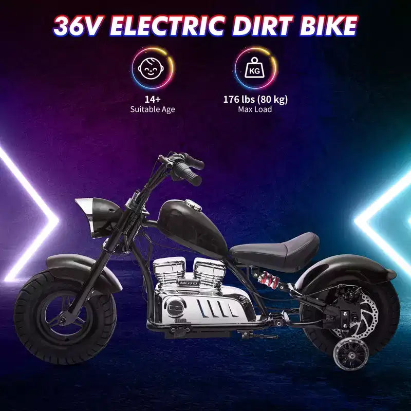 Moto tout-terrain électrique 36 V pour adolescents, moteur sans balais 350 W, 26,5 km/h avec musique, suspension à ressort, phare LED