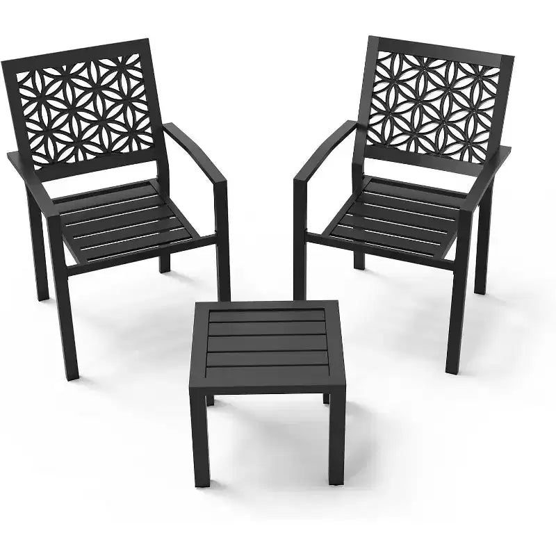 VINGLI Ensemble bistro d'extérieur 3 pièces - Table et chaises empilables en métal avec revêtement antirouille, Noir