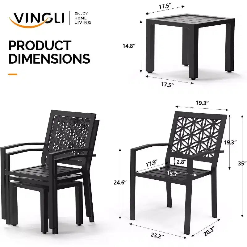VINGLI Ensemble bistro d'extérieur 3 pièces - Table et chaises empilables en métal avec revêtement antirouille, Noir