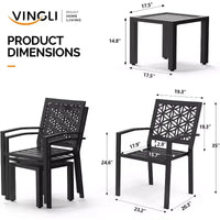 VINGLI Ensemble bistro d'extérieur 3 pièces - Table et chaises empilables en métal avec revêtement antirouille, Noir