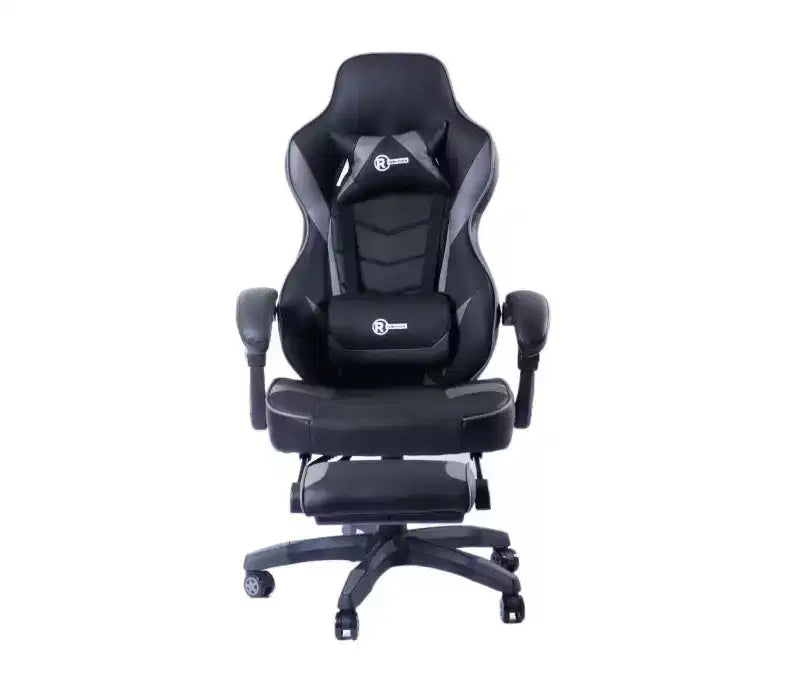 Chaise de jeu RadioShack noire et grise, chaise ergonomique de style course avec hauteur réglable, repose-pieds, soutien lombaire et rembourrage confortable