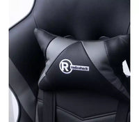 Chaise de jeu RadioShack noire et grise, chaise ergonomique de style course avec hauteur réglable, repose-pieds, soutien lombaire et rembourrage confortable