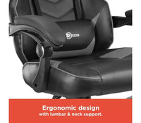 Chaise de jeu RadioShack noire et grise, chaise ergonomique de style course avec hauteur réglable, repose-pieds, soutien lombaire et rembourrage confortable