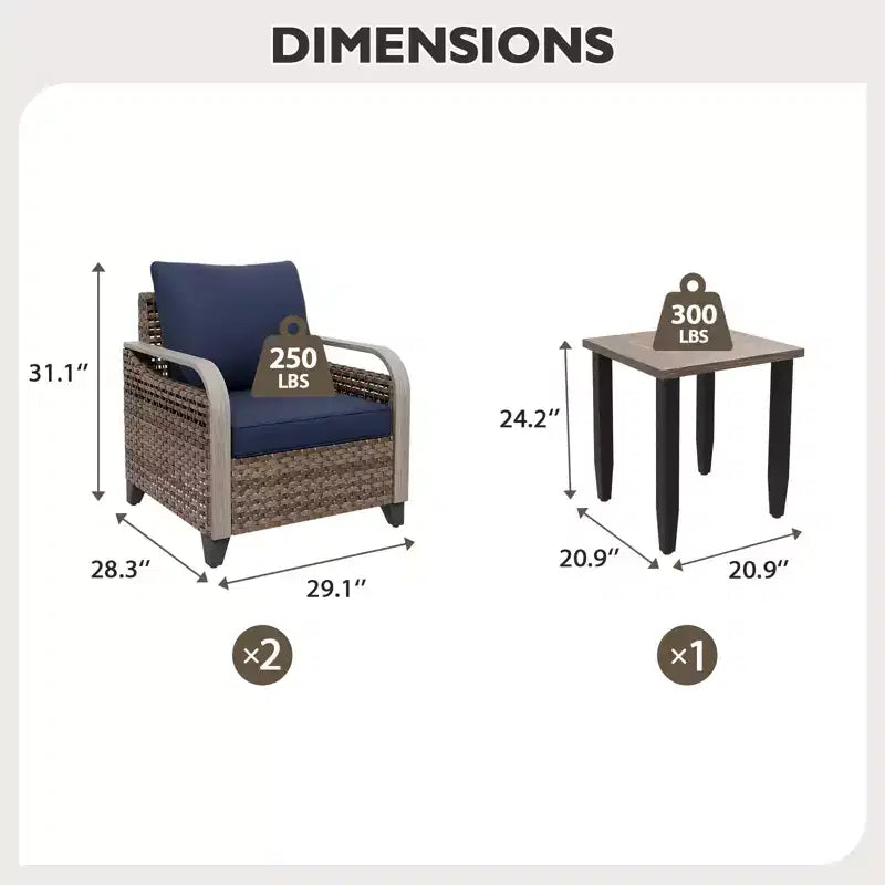 EAGLE PEAK Table et chaises de bistro en osier, ensemble de bistro d'extérieur, meubles de patio en rotin, chaises et table de patio en osier, ensemble 3 pièces