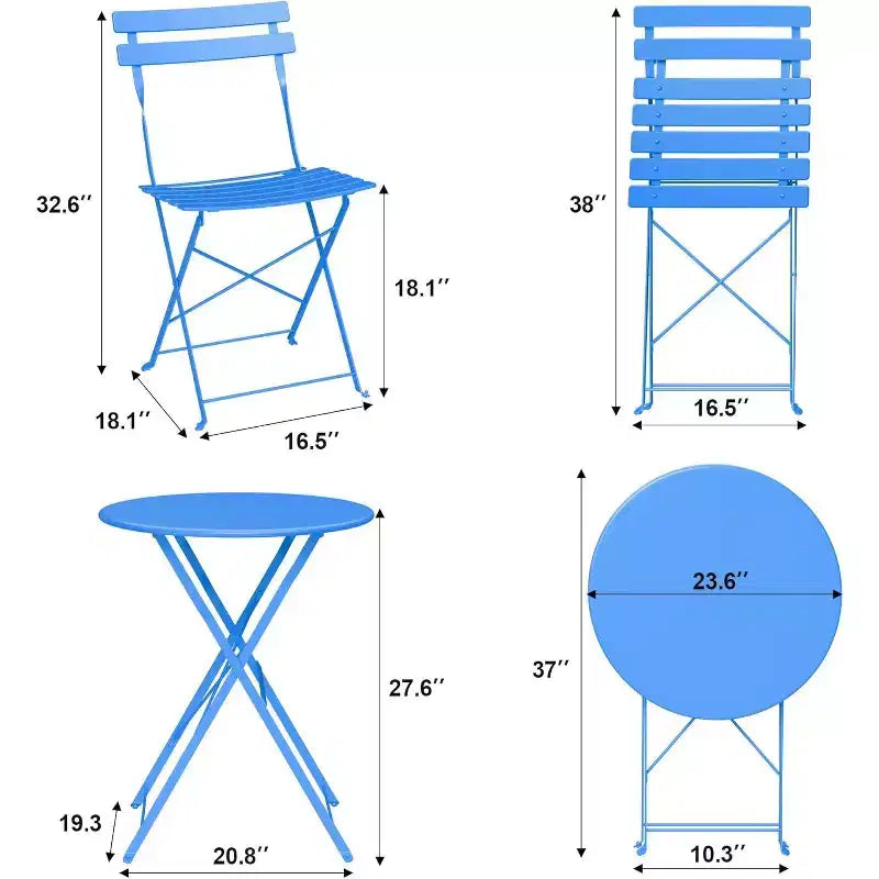 Ensemble Bistro de Patio 3 pièces avec Table Ronde et 2 Chaises Pliantes, pour Balcon, Jardin, Véranda, Conception compacte (Tube plat)