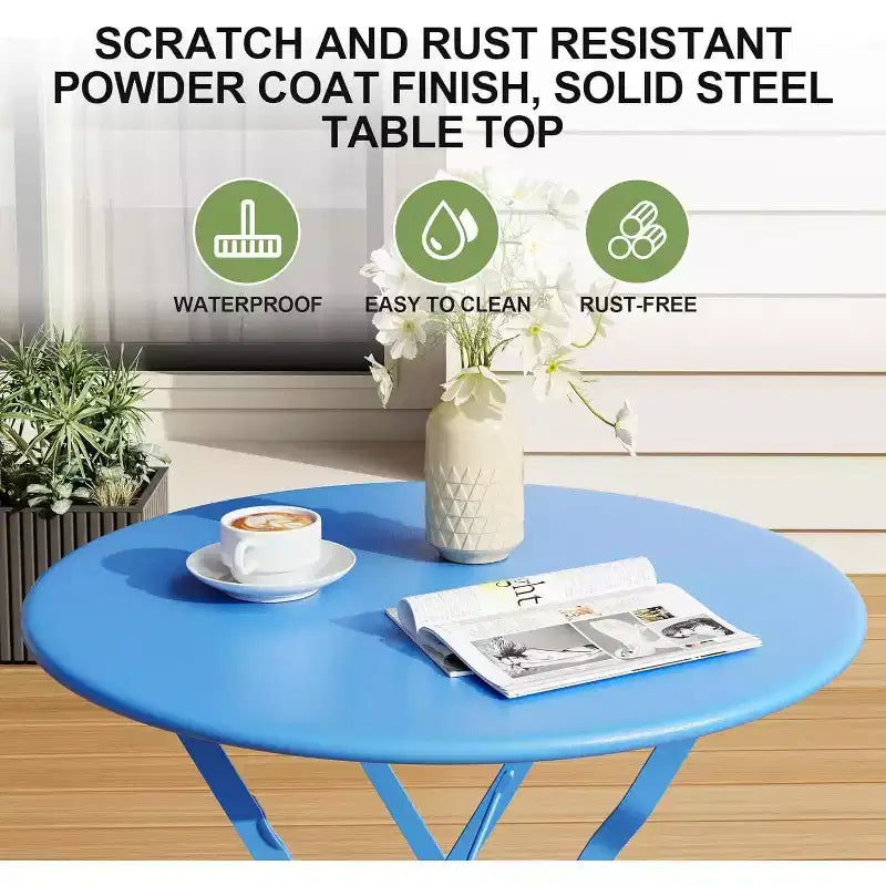 Ensemble Bistro de Patio 3 pièces avec Table Ronde et 2 Chaises Pliantes, pour Balcon, Jardin, Véranda, Conception compacte (Tube plat)