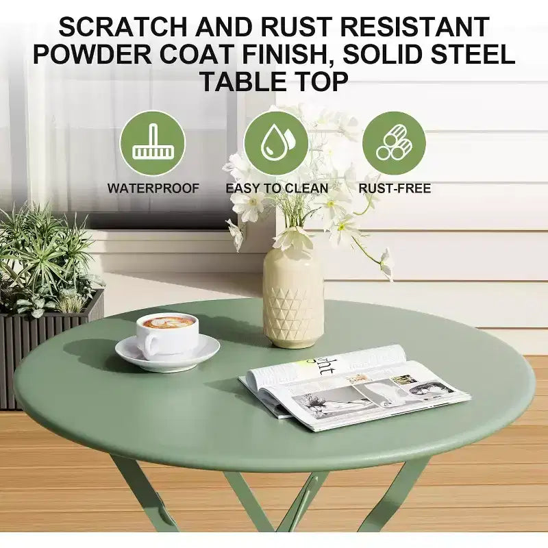 Ensemble Bistro de Patio 3 pièces avec Table Ronde et 2 Chaises Pliantes, pour Balcon, Jardin, Véranda, Conception compacte (Tube plat)