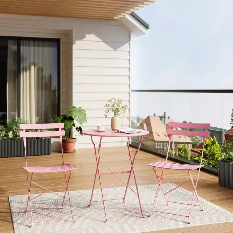 Ensemble Bistro de Patio 3 pièces avec Table Ronde et 2 Chaises Pliantes, pour Balcon, Jardin, Véranda, Conception compacte (Tube plat)
