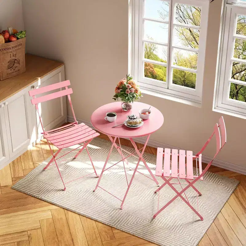 Ensemble Bistro de Patio 3 pièces avec Table Ronde et 2 Chaises Pliantes, pour Balcon, Jardin, Véranda, Conception compacte (Tube plat)