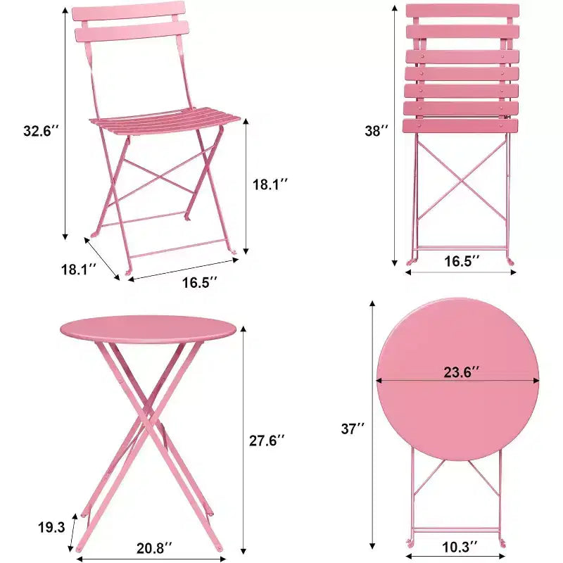Ensemble Bistro de Patio 3 pièces avec Table Ronde et 2 Chaises Pliantes, pour Balcon, Jardin, Véranda, Conception compacte (Tube plat)