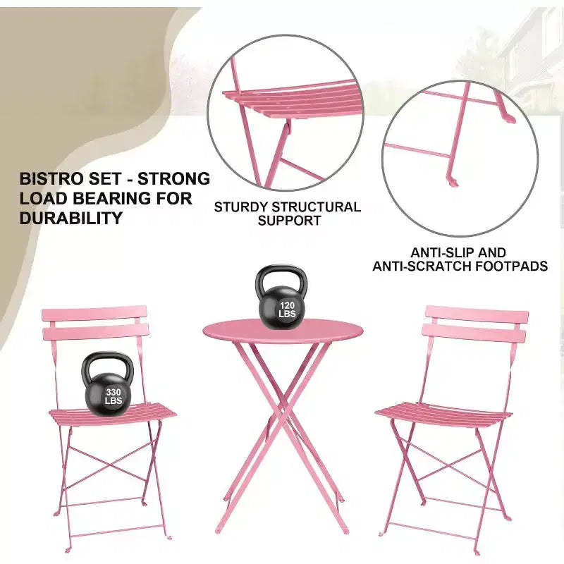 Ensemble Bistro de Patio 3 pièces avec Table Ronde et 2 Chaises Pliantes, pour Balcon, Jardin, Véranda, Conception compacte (Tube plat)