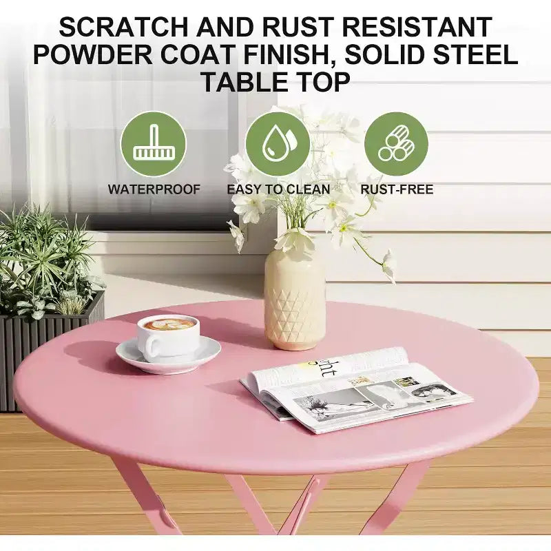 Ensemble Bistro de Patio 3 pièces avec Table Ronde et 2 Chaises Pliantes, pour Balcon, Jardin, Véranda, Conception compacte (Tube plat)