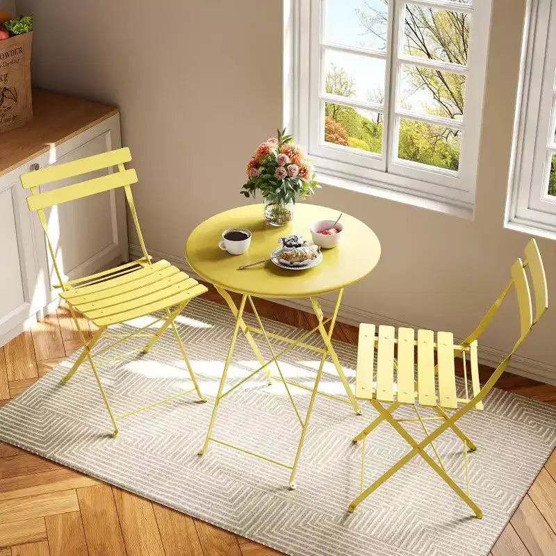 Ensemble Bistro de Patio 3 pièces avec Table Ronde et 2 Chaises Pliantes, pour Balcon, Jardin, Véranda, Conception compacte (Tube plat)