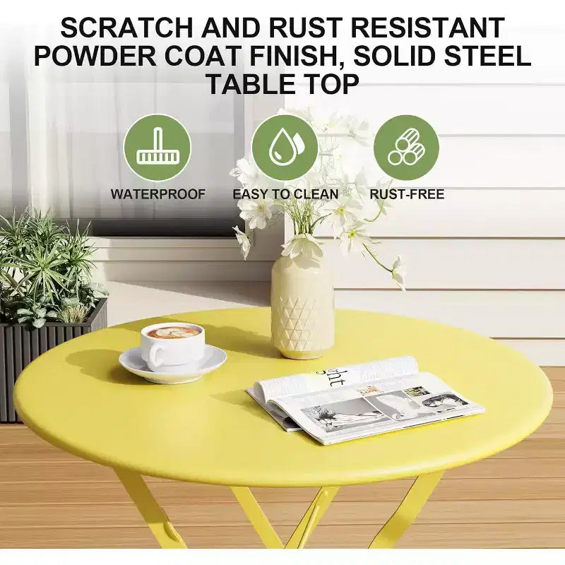 Ensemble Bistro de Patio 3 pièces avec Table Ronde et 2 Chaises Pliantes, pour Balcon, Jardin, Véranda, Conception compacte (Tube plat)