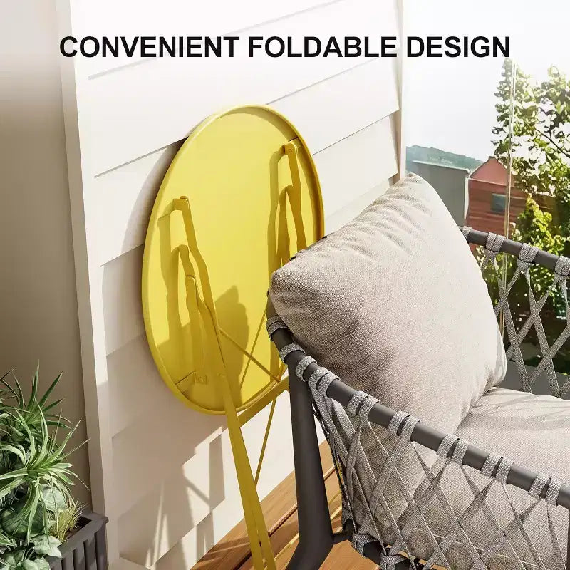 Ensemble Bistro de Patio 3 pièces avec Table Ronde et 2 Chaises Pliantes, pour Balcon, Jardin, Véranda, Conception compacte (Tube plat)