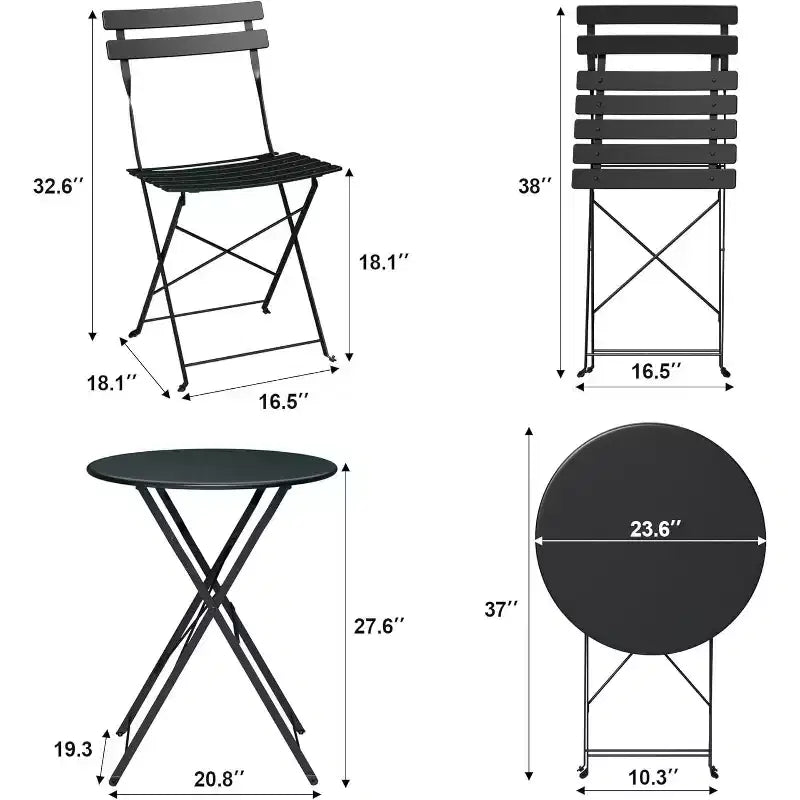 Ensemble Bistro de Patio 3 pièces avec Table Ronde et 2 Chaises Pliantes, pour Balcon, Jardin, Véranda, Conception compacte (Tube plat)