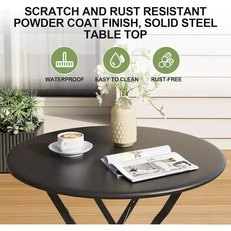 Ensemble Bistro de Patio 3 pièces avec Table Ronde et 2 Chaises Pliantes, pour Balcon, Jardin, Véranda, Conception compacte (Tube plat)