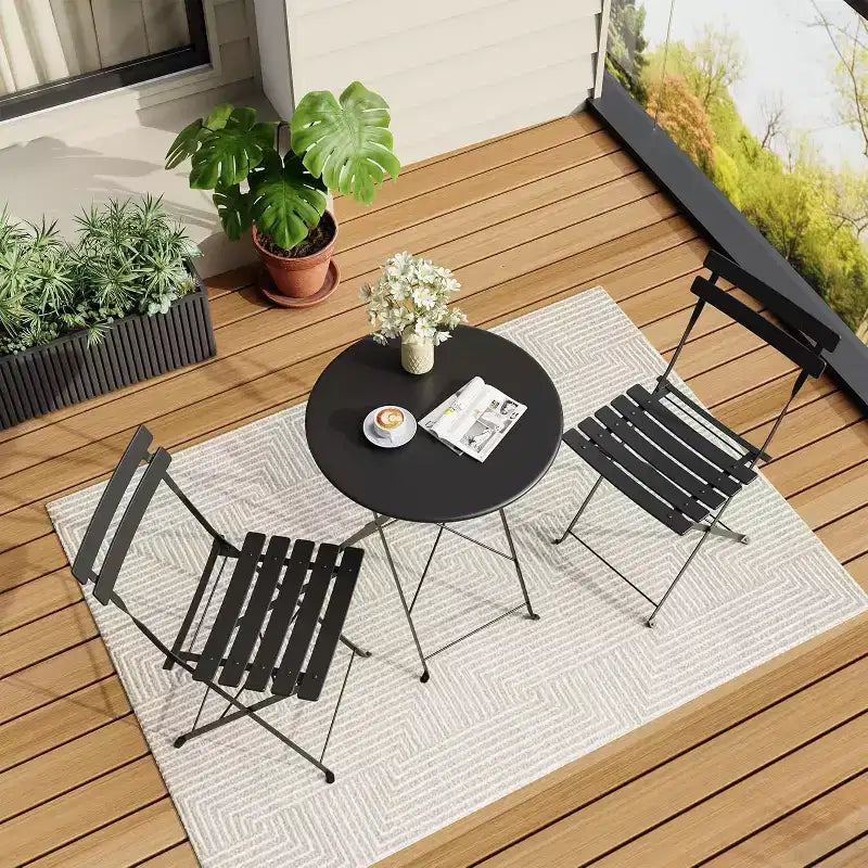 Ensemble Bistro de Patio 3 pièces avec Table Ronde et 2 Chaises Pliantes, pour Balcon, Jardin, Véranda, Conception compacte (Tube plat)