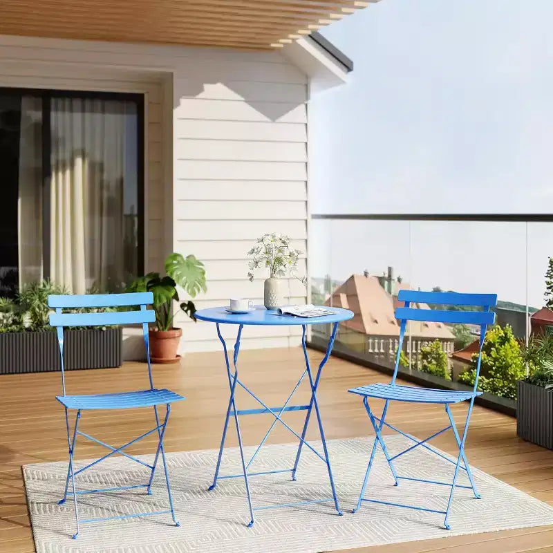 Ensemble Bistro de Patio 3 pièces avec Table Ronde et 2 Chaises Pliantes, pour Balcon, Jardin, Véranda, Conception compacte (Tube plat)