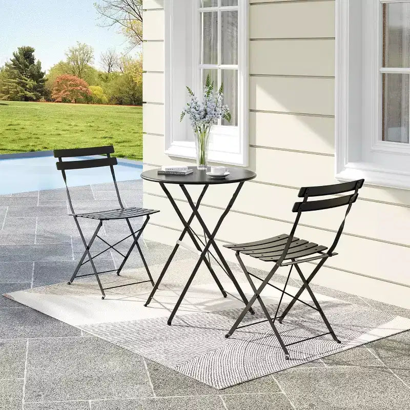 3-Piece Patio Bistro Set with Round Table & 2 Folding Chairs, for Balcony, Garden, Porch  Space-Saving Design (Flat Tube)