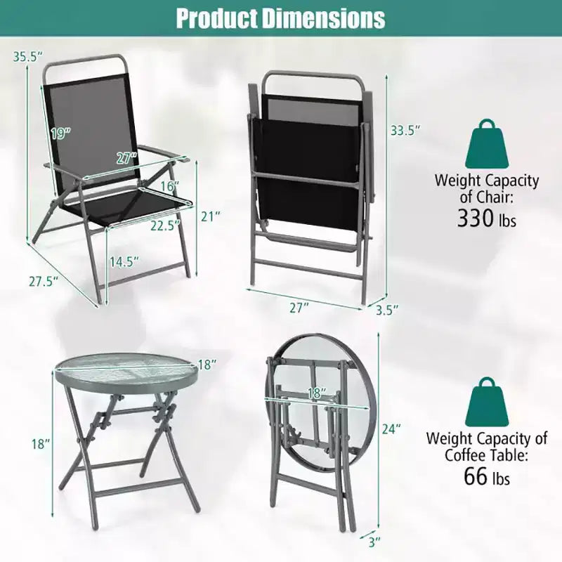 Ensemble Bistro de Patio Bestier 3 pièces, Chaises Pliantes d'extérieur avec Dossier, Ensemble de Chaises de Salle à Manger Portables avec Table en Verre pour Porche, Bord de Piscine, Jardin