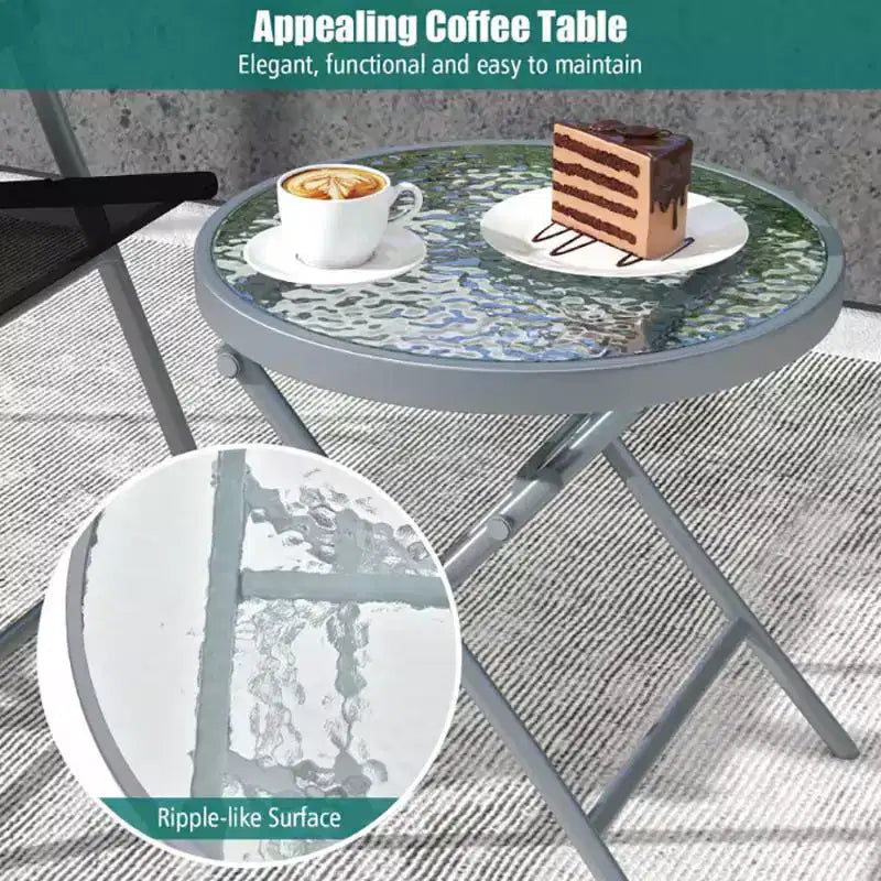 Ensemble Bistro de Patio Bestier 3 pièces, Chaises Pliantes d'extérieur avec Dossier, Ensemble de Chaises de Salle à Manger Portables avec Table en Verre pour Porche, Bord de Piscine, Jardin