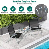 Ensemble Bistro de Patio Bestier 3 pièces, Chaises Pliantes d'extérieur avec Dossier, Ensemble de Chaises de Salle à Manger Portables avec Table en Verre pour Porche, Bord de Piscine, Jardin