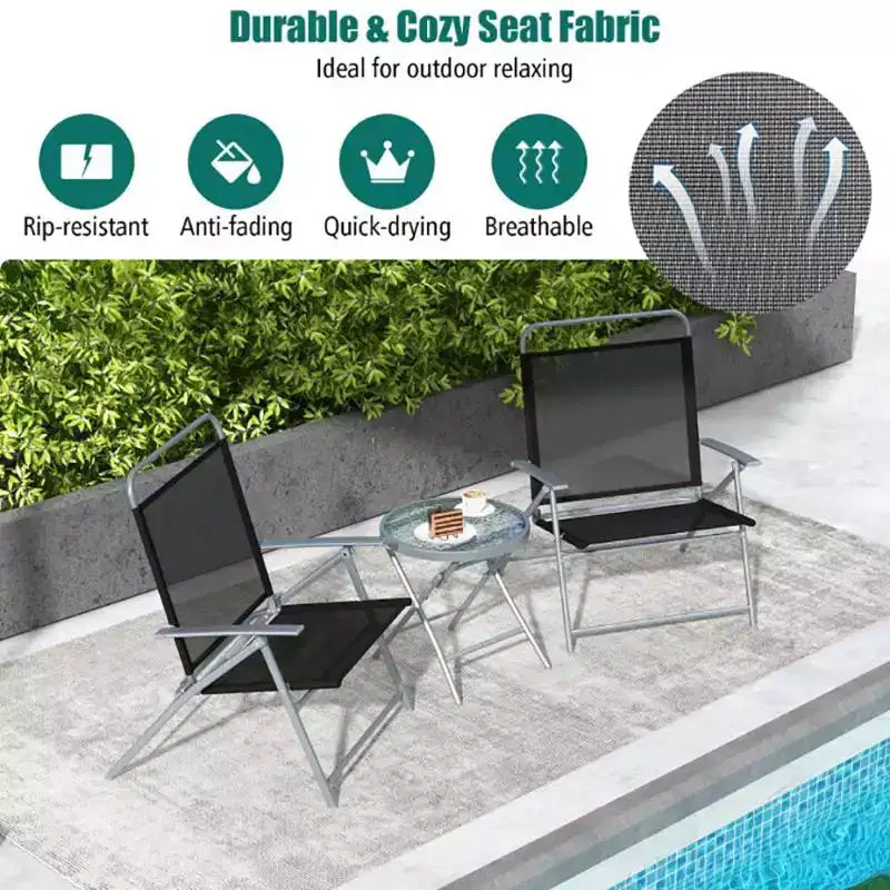 Ensemble Bistro de Patio Bestier 3 pièces, Chaises Pliantes d'extérieur avec Dossier, Ensemble de Chaises de Salle à Manger Portables avec Table en Verre pour Porche, Bord de Piscine, Jardin