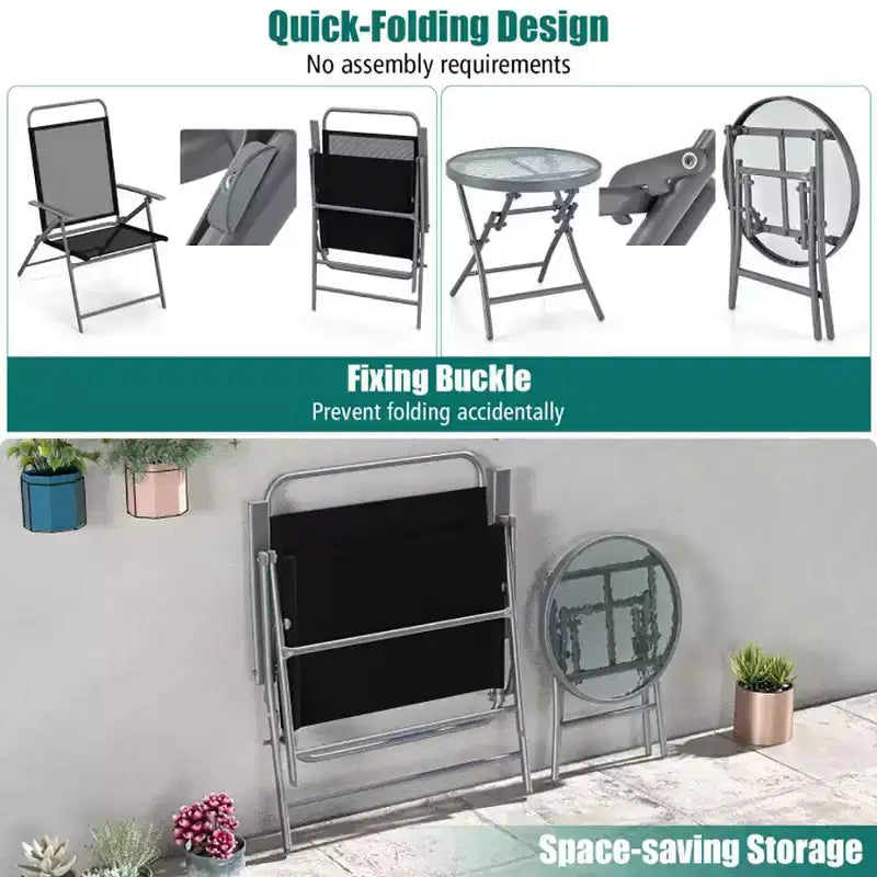 Ensemble Bistro de Patio Bestier 3 pièces, Chaises Pliantes d'extérieur avec Dossier, Ensemble de Chaises de Salle à Manger Portables avec Table en Verre pour Porche, Bord de Piscine, Jardin