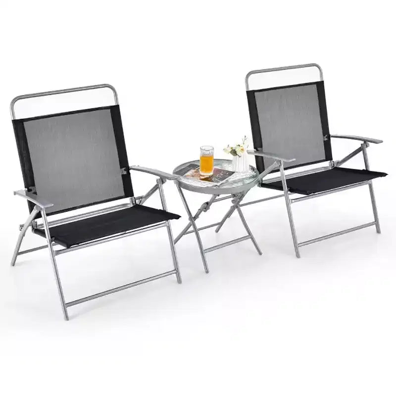 Ensemble Bistro de Patio Bestier 3 pièces, Chaises Pliantes d'extérieur avec Dossier, Ensemble de Chaises de Salle à Manger Portables avec Table en Verre pour Porche, Bord de Piscine, Jardin