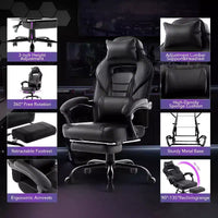 Chaise de gamer pivotante à 360° et réglable en hauteur avec repose-pieds rétractable et support lombaire ergonomique, en cuir PU, avec appui-tête pour le bureau