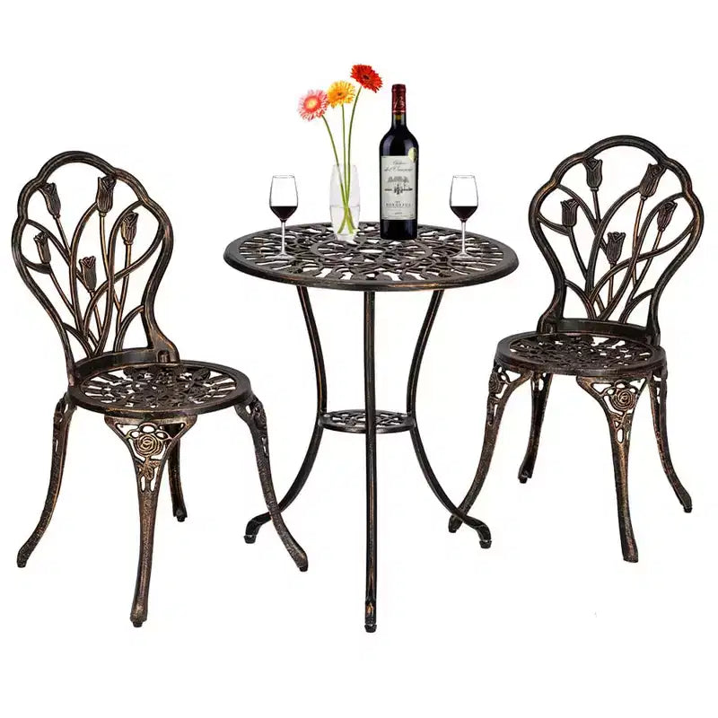 TROPOW Salon de Bistro 3 Pièces en Aluminium Coulé Bronze Antique Table de Jardin Ornée et Chaises en Treillis à Motifs Tulipe