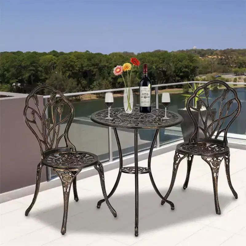 TROPOW Salon de Bistro 3 Pièces en Aluminium Coulé Bronze Antique Table de Jardin Ornée et Chaises en Treillis à Motifs Tulipe