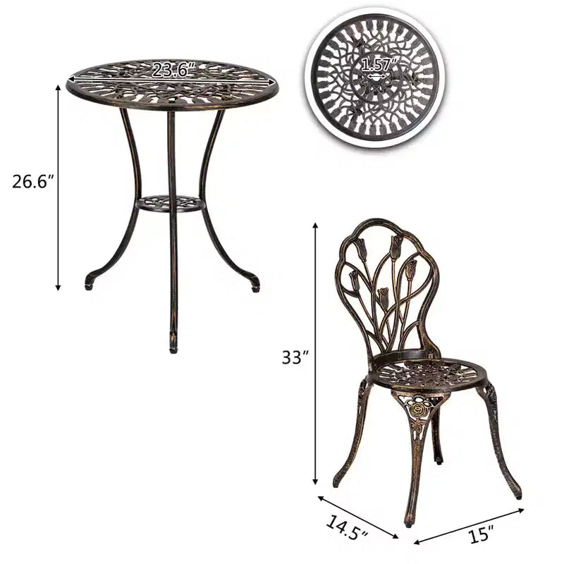 TROPOW Salon de Bistro 3 Pièces en Aluminium Coulé Bronze Antique Table de Jardin Ornée et Chaises en Treillis à Motifs Tulipe
