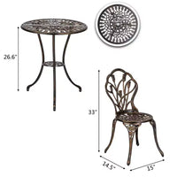 TROPOW Salon de Bistro 3 Pièces en Aluminium Coulé Bronze Antique Table de Jardin Ornée et Chaises en Treillis à Motifs Tulipe