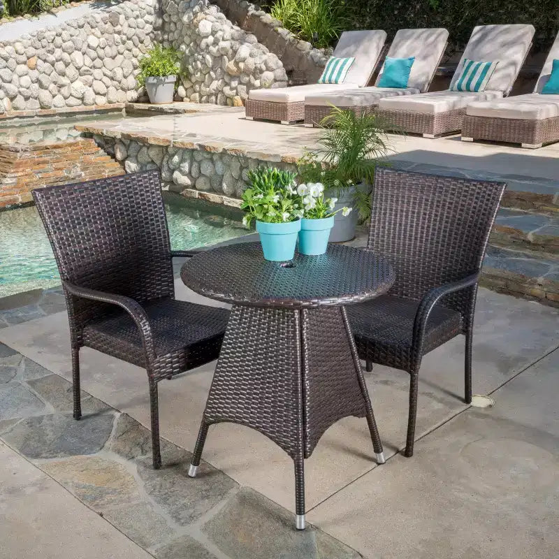 GDFStudio Nyanza Ensemble bistrot 3 pièces en osier d'extérieur avec trou pour parasol