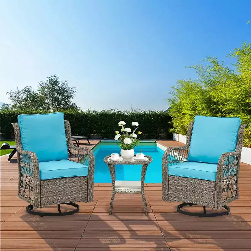 Ensemble de terrasse d'extérieur 3 pièces, ensemble bistro à bascule en résine tressée avec 2 chaises pivotantes et table à plateau en verre trempé, pour terrasse, porche, arrière-cour
