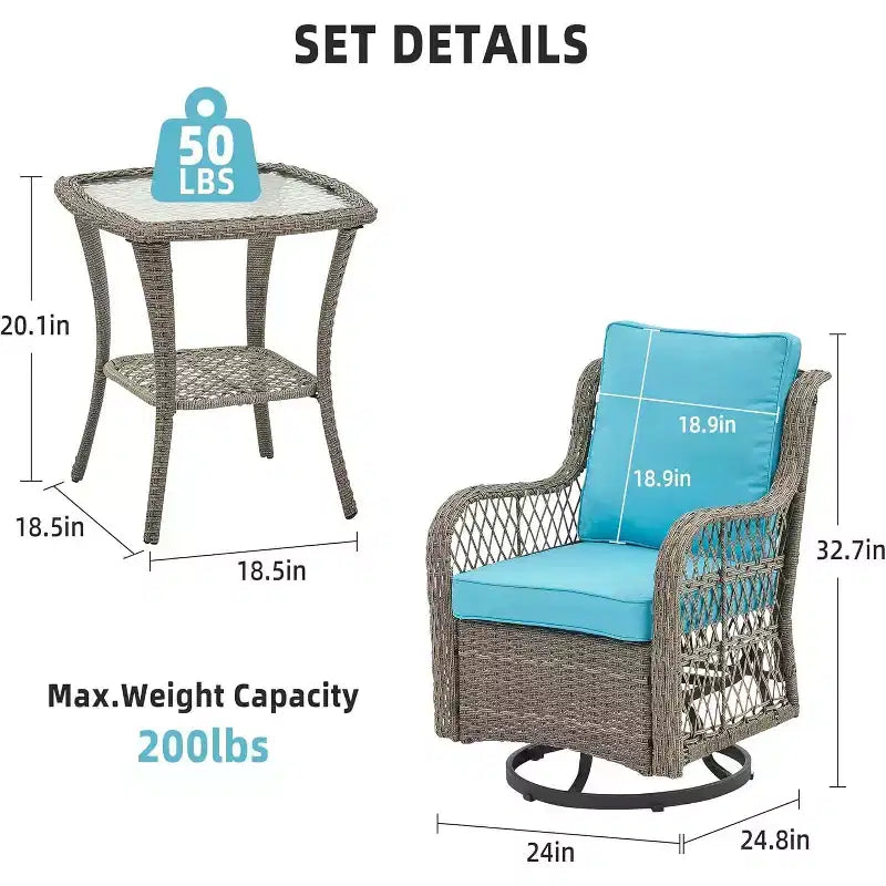 Ensemble de bistrot 3 pièces d'extérieur, balancelle en osier avec 2 chaises pivotantes et table en verre trempé, pour terrasse, véranda, jardin
