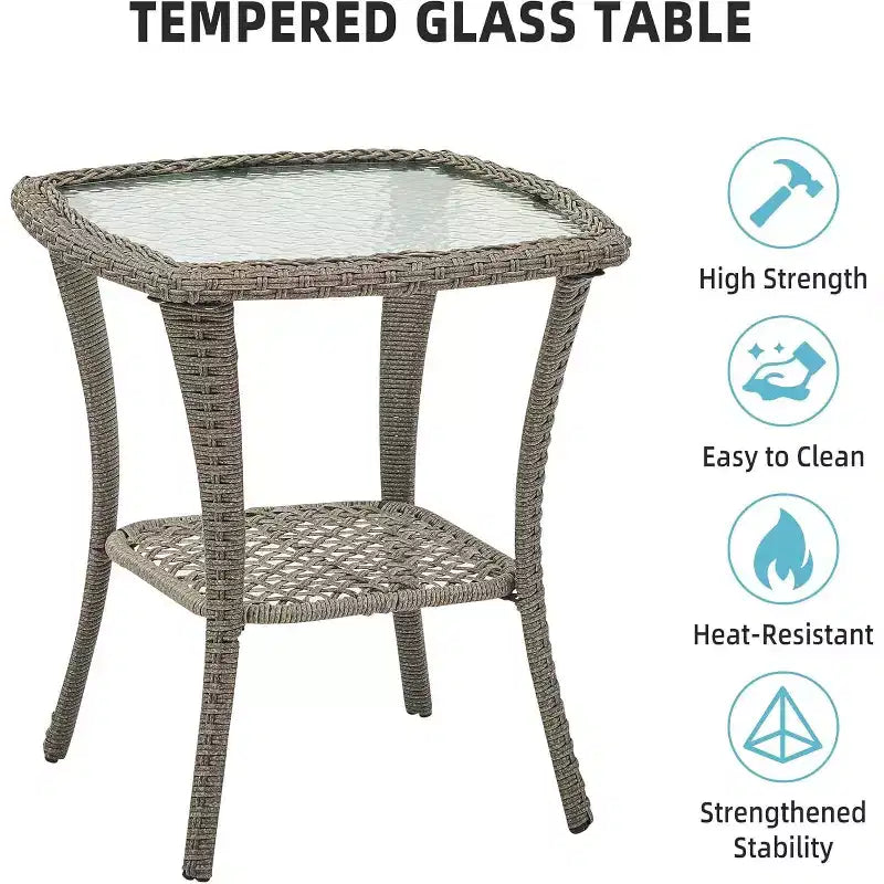 Ensemble de terrasse d'extérieur 3 pièces, ensemble bistro à bascule en résine tressée avec 2 chaises pivotantes et table à plateau en verre trempé, pour terrasse, porche, arrière-cour