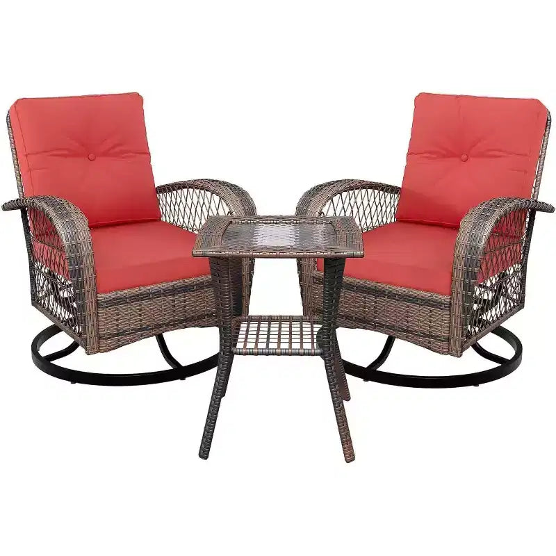 Ensemble de 3 chaises de patio pivotantes et basculantes avec 2 chaises pivotantes et basculantes à 360 degrés et une table en verre trempé, ensemble bistrot avec coussins épaissis