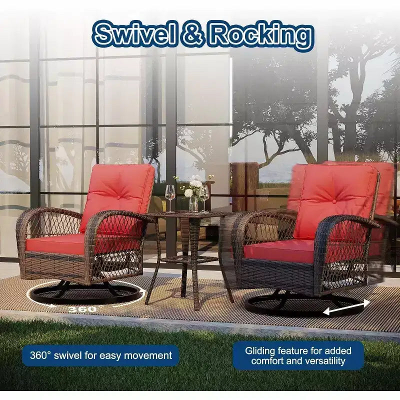 Ensemble de 3 chaises de patio pivotantes et basculantes avec 2 chaises pivotantes et basculantes à 360 degrés et une table en verre trempé, ensemble bistrot avec coussins épaissis