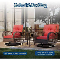 Ensemble de 3 chaises de patio pivotantes et basculantes avec 2 chaises pivotantes et basculantes à 360 degrés et une table en verre trempé, ensemble bistrot avec coussins épaissis
