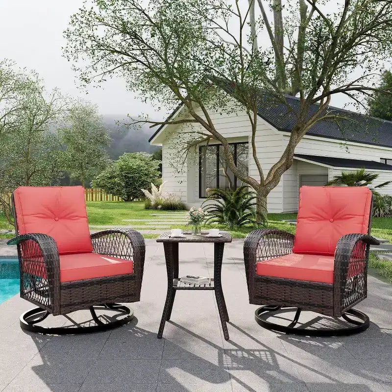 Ensemble de 3 chaises de patio pivotantes et basculantes avec 2 chaises pivotantes et basculantes à 360 degrés et une table en verre trempé, ensemble bistrot avec coussins épaissis