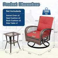 Ensemble de 3 chaises de patio pivotantes et basculantes avec 2 chaises pivotantes et basculantes à 360 degrés et une table en verre trempé, ensemble bistrot avec coussins épaissis