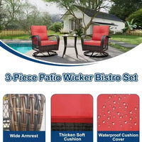 Ensemble de 3 chaises de patio pivotantes et basculantes avec 2 chaises pivotantes et basculantes à 360 degrés et une table en verre trempé, ensemble bistrot avec coussins épaissis